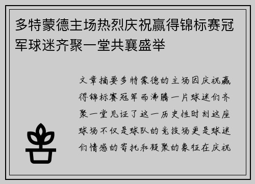 多特蒙德主场热烈庆祝赢得锦标赛冠军球迷齐聚一堂共襄盛举