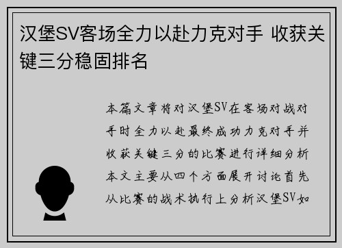 汉堡SV客场全力以赴力克对手 收获关键三分稳固排名