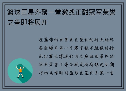 篮球巨星齐聚一堂激战正酣冠军荣誉之争即将展开
