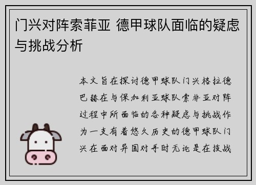 门兴对阵索菲亚 德甲球队面临的疑虑与挑战分析
