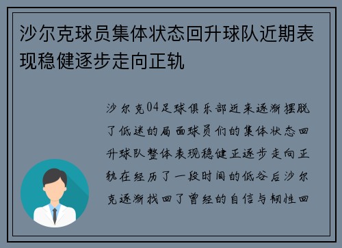 沙尔克球员集体状态回升球队近期表现稳健逐步走向正轨